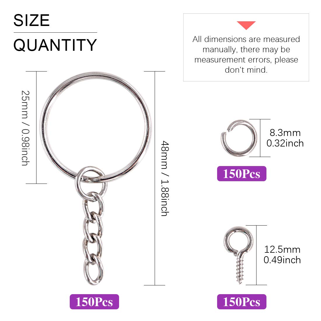 450Pcs 1" 25mm Sliver Key Chain Rings Kit, Including 150Pcs Keychain Rings with Chain and 150Pcs Jump Ring with 150Pcs Screw Eye Pins Bulk for Jewelry Findings Making (Sliver)