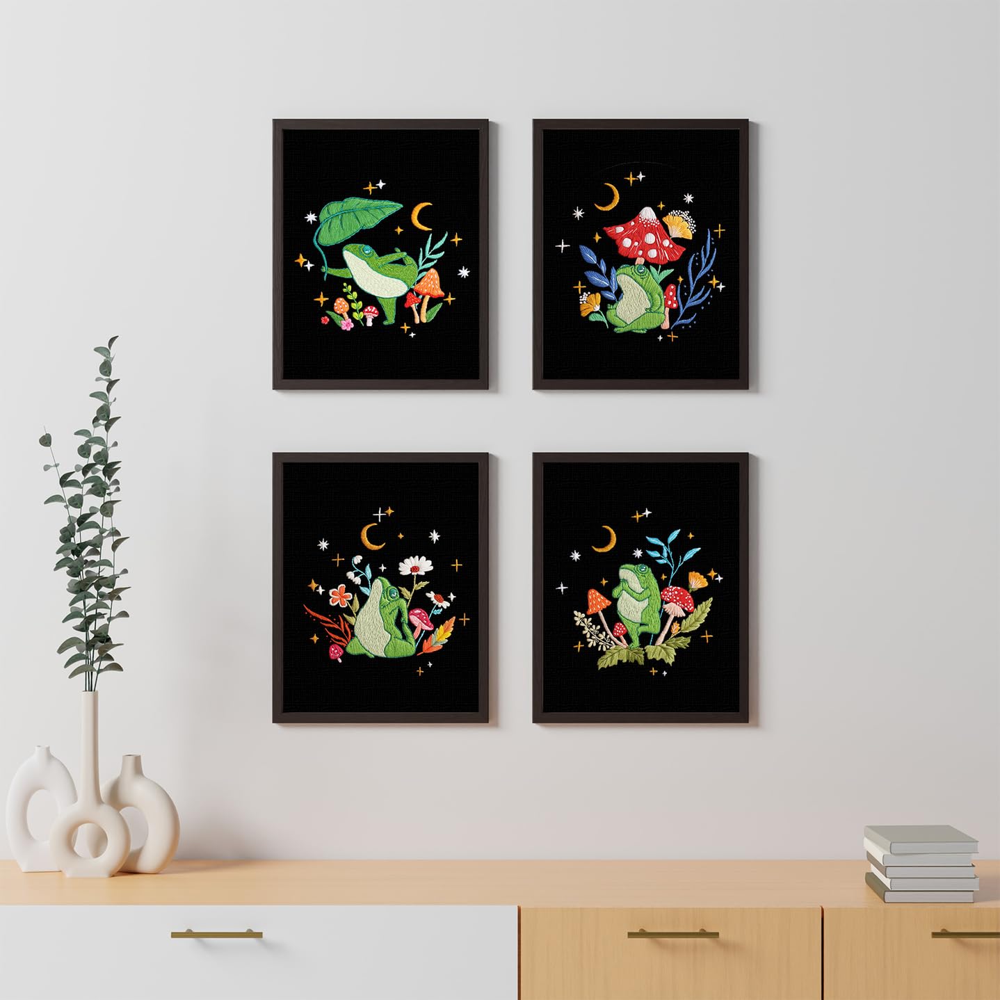 4 Set Frog Embroidery Kits for Beginners,Cross Stitch Kit for Adults,Starters DIY Needlepoint Including Embroidery Cloth with Art Mushroom Pattern and Instructions