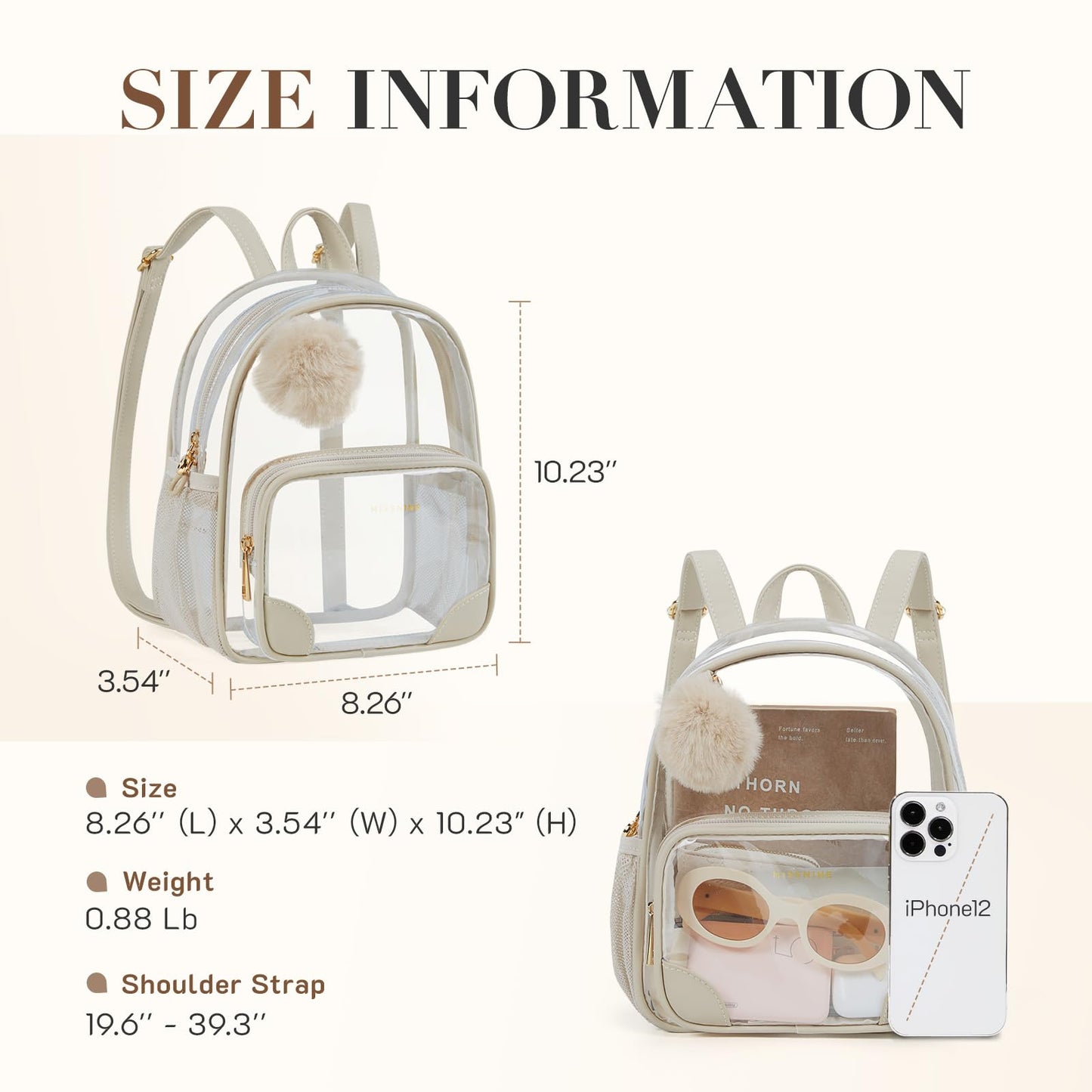 Missnine Anti-theft Clear Backpack, Small Mini Clear Bag for Sport Event Concert with Cute Fur Ball