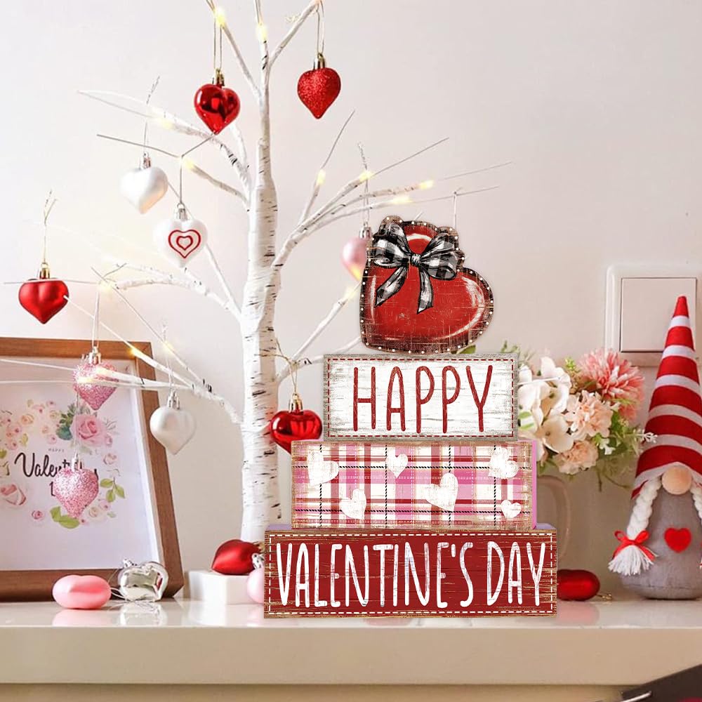 4Pcs Valentine's Day Table Decoration Valentine Heart Wooden Block Signs Rustic Valentines Tiered Tray Decor Happy Valentine's Day Centerpiece Sign for Farmhouse Holiday Tabletop Party Decor