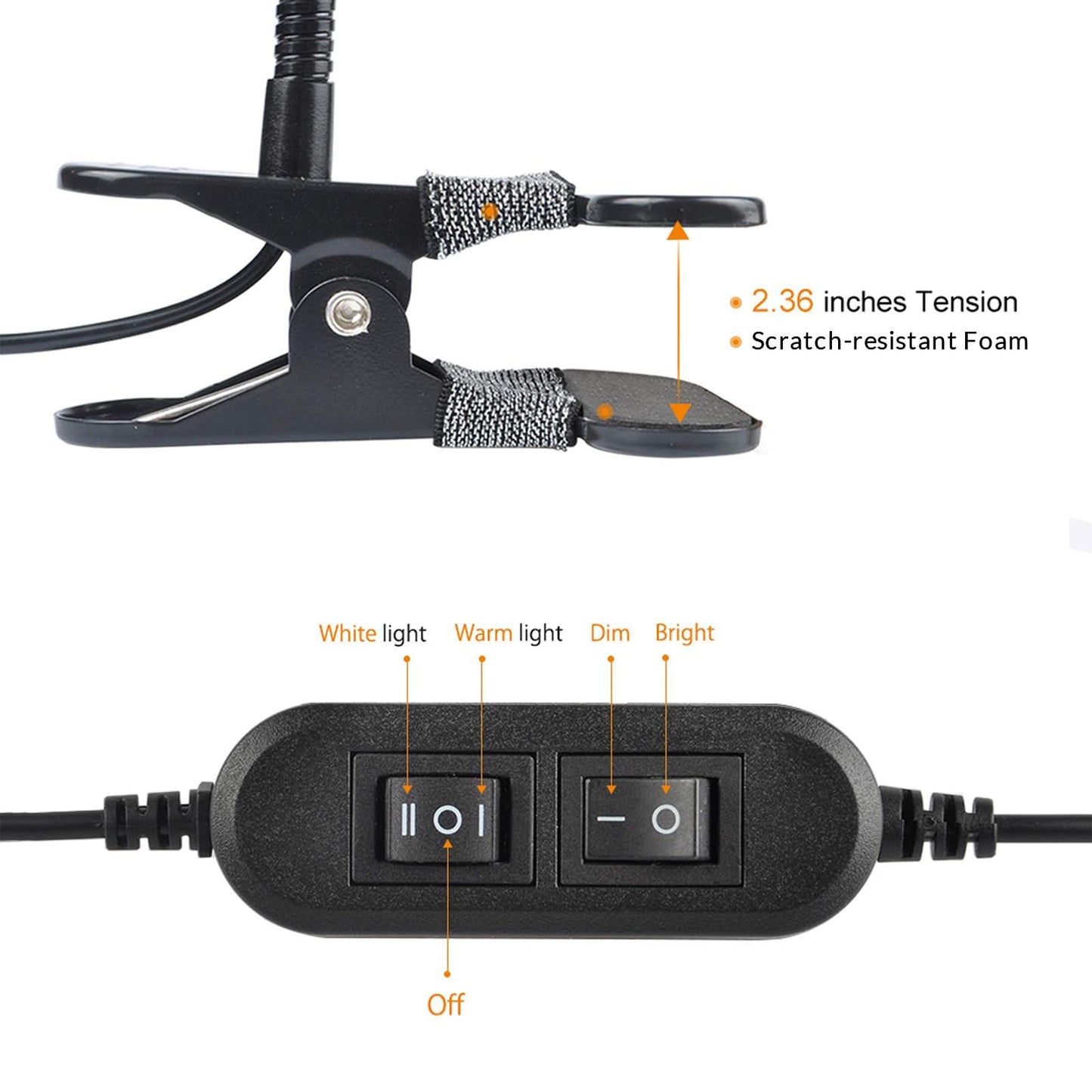 LEPOWER Clip on Light/Reading Lights/Book Lights/Desk Lamp Color Changeable/Night Light Clip on for Desk, Bed Headboard and Computers, Adapter Included (Black)