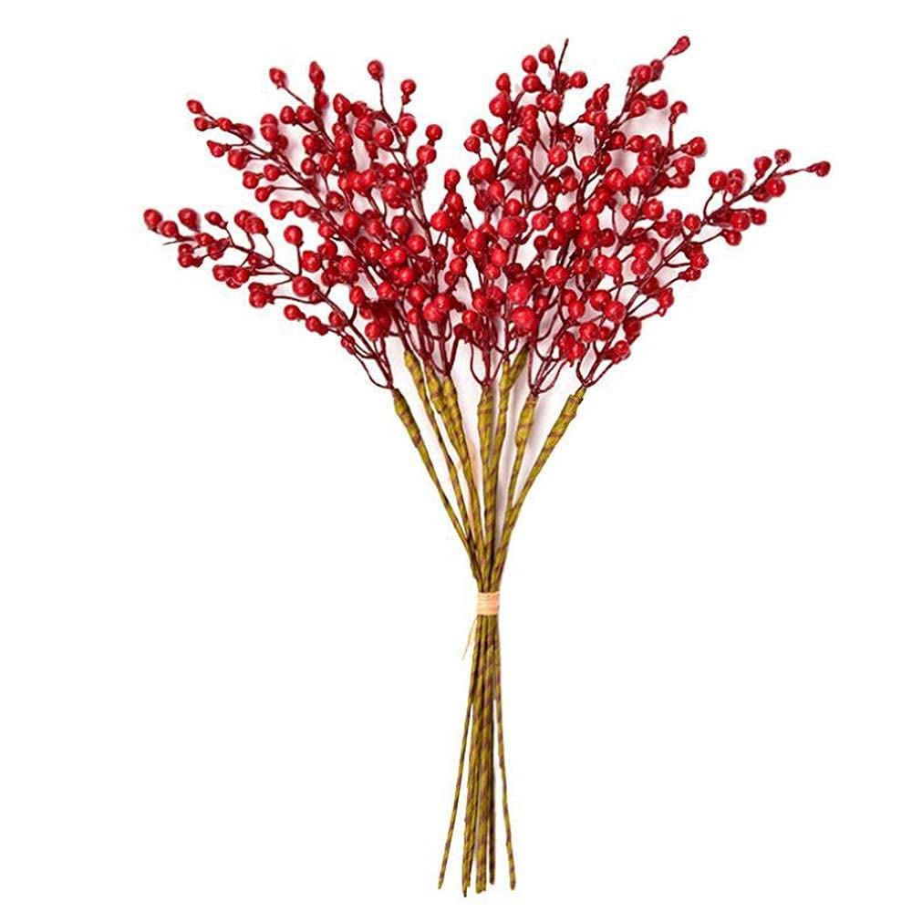 GREENTIME 16 Pack Artificial Red Berry Stems Holly for Christmas Tree Decorations for New Year's Eve Decor, Holiday and Home Crafts for Fall Thanksgiving Day
