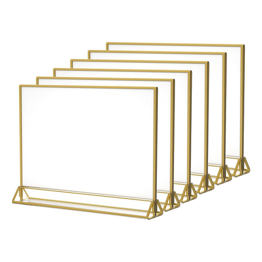 NIUBEE 6Pack 11 x 8.5 Acrylic Sign Holder with Gold Frames and Vertical Stand, Ideal for Display Wedding Table Numbers, Double Sided Picture, Clear Photos, Menu Holders -Horizontal