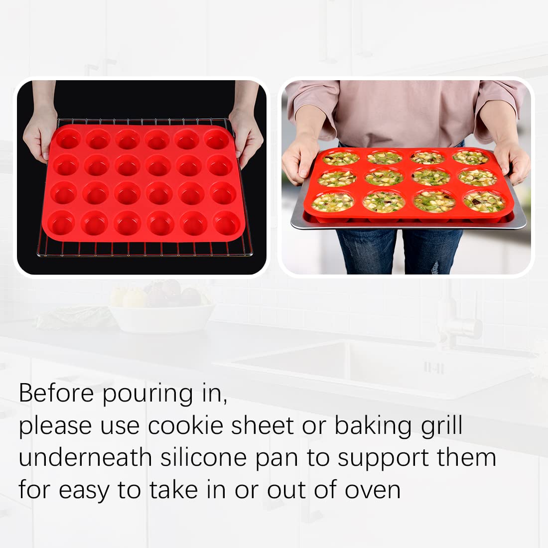 Silicone Muffin Pan, Mini Muffin Pan, Regular 12 Cups and Mini 24 Cups Cupcake Tin Set of 2 for Baking Egg Bites
