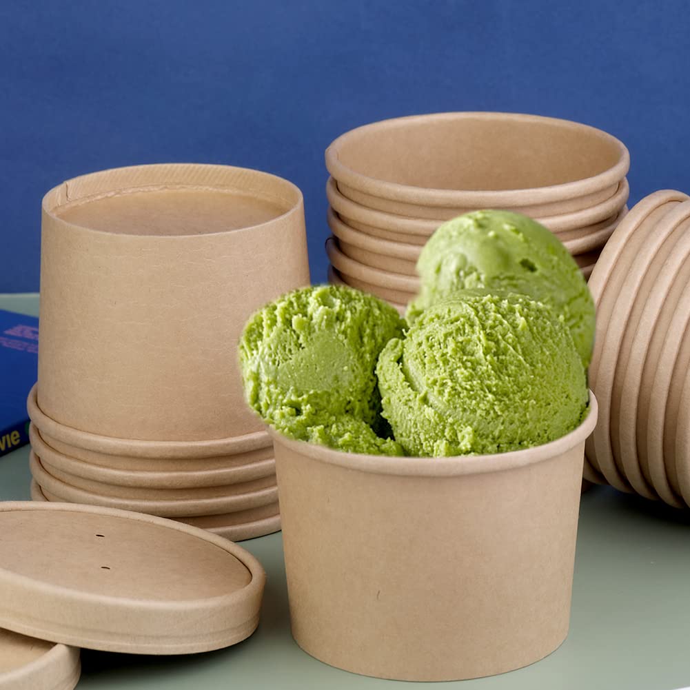 12 oz 25 Pack Paper Soup Containers with lids, Disposable Kraft Food Cups, Soup Cups Paper Ice Cream Cup, Dessert Cup, Yogurt Ice Cream Containers. Great For Restaurants, Take Outs, or To-Go Lunch