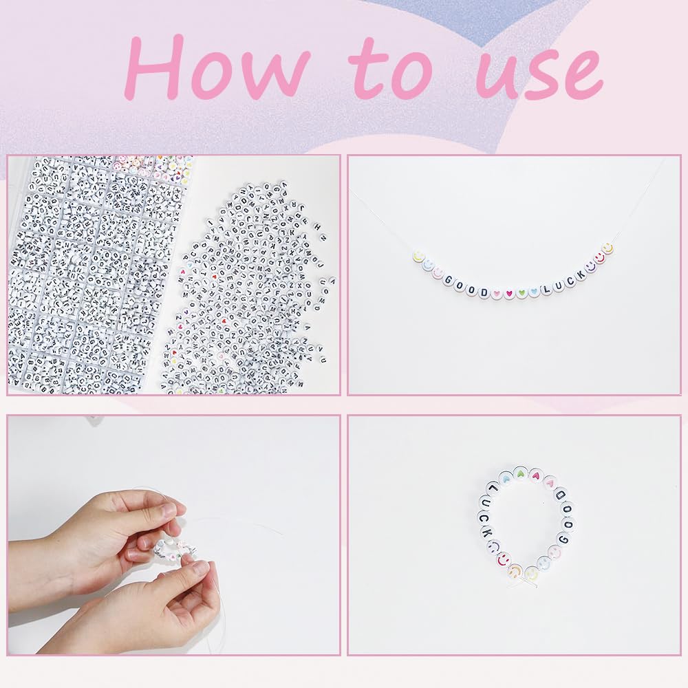 Alphabet Beads A-Z 1200+Pcs Letter Beads, Acrylic 4x7mm Round Letter Beads Kits,Black Digit and Colorful Smile Beads for Bracelets Necklaces DIY Jewelry Making (Black,1200+PCS)