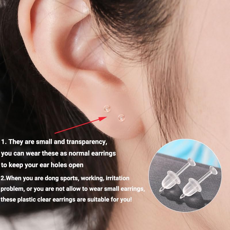 Formulen Plastic Earrings, 200 PCS Clear Earrings for Sports, Transparency Plastic Post Earring Studs for Sports, Flat Silicone Earring for DIY