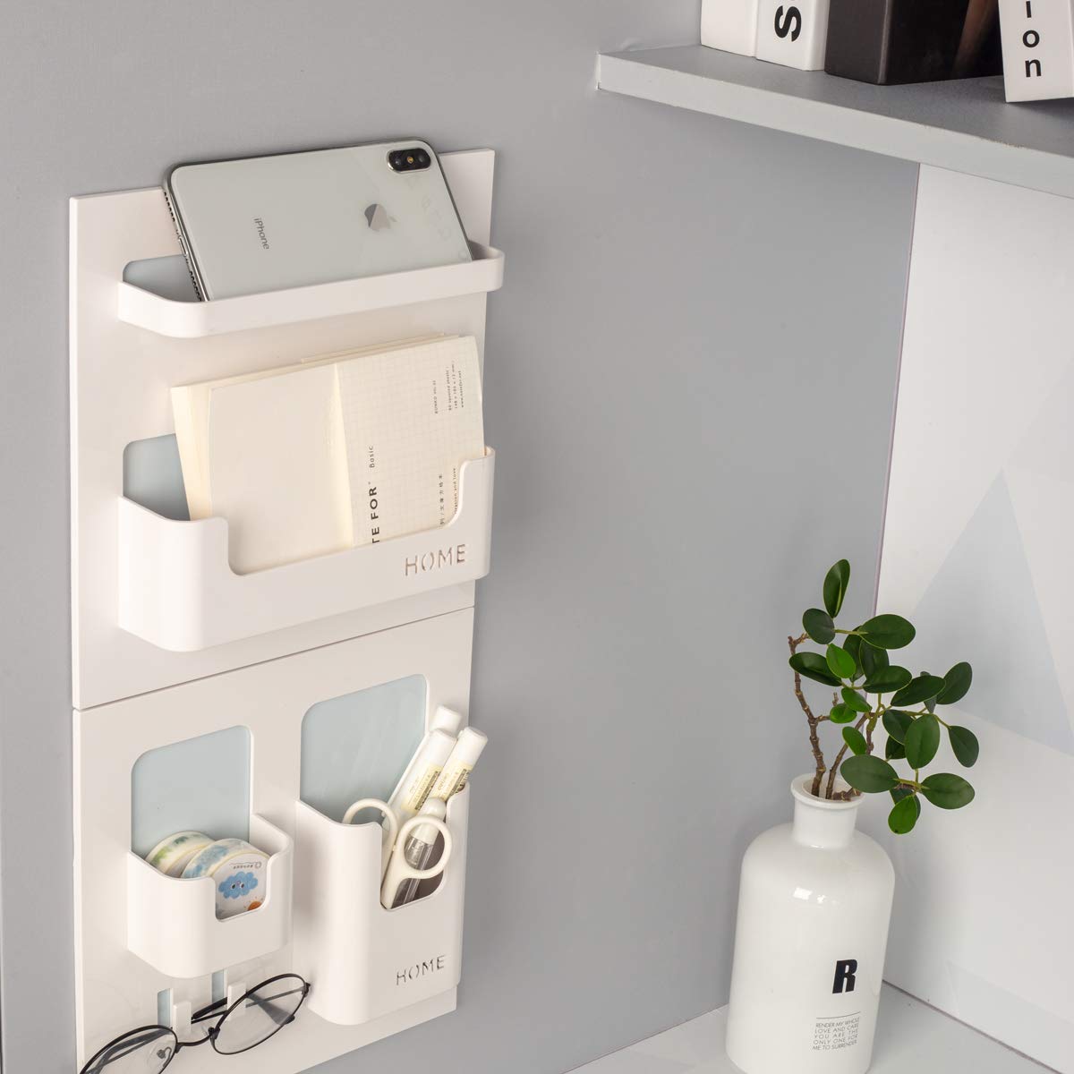 Bedside Shelf - Stick On Wall Mounted Bed Room,Dorm,Office Adhesive Floating Accessories Caddy Organizer/Holder for Phone,Glasses,Remote Control,Keys,Pens - Plastic Material- White