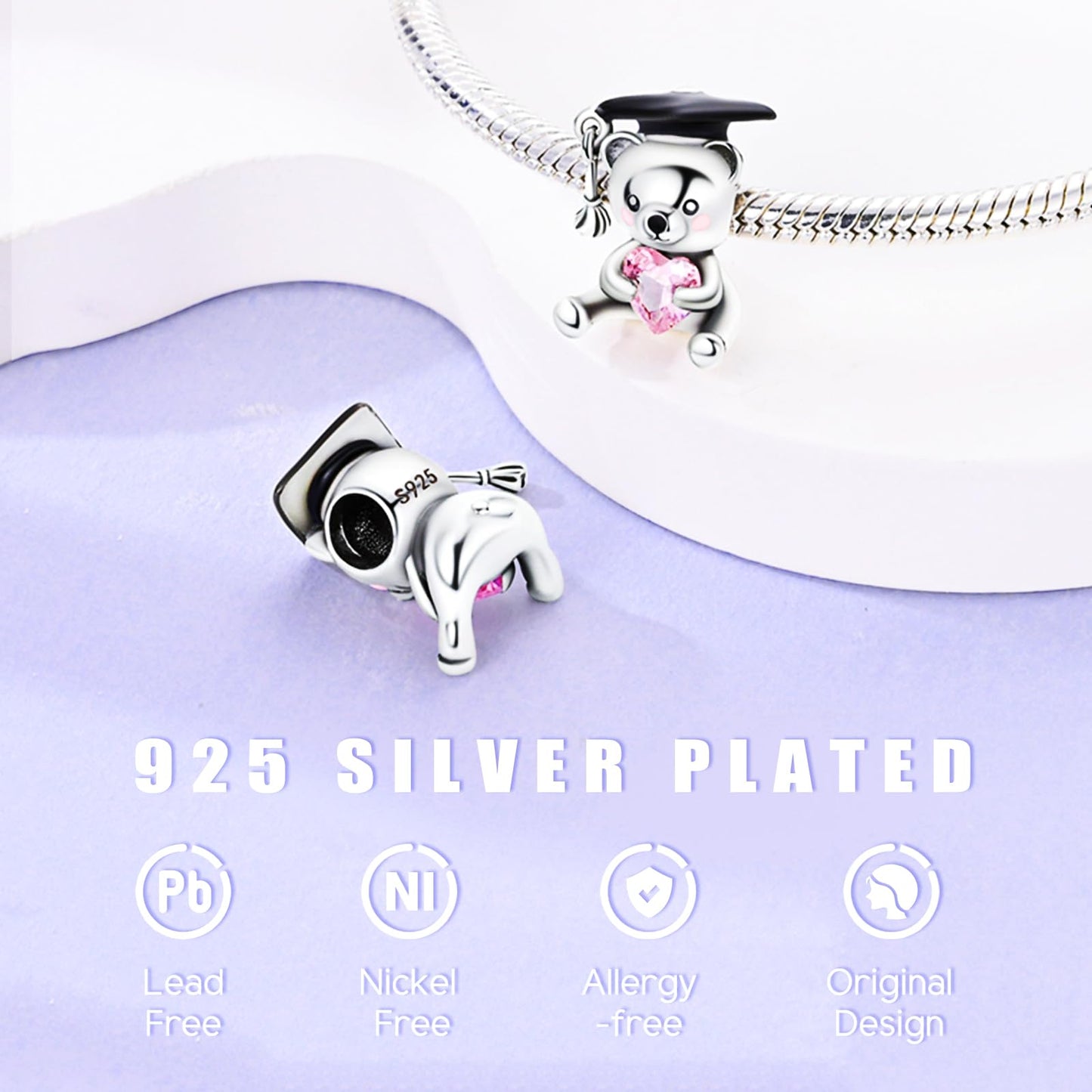 NUJIFFY 925 Sterling Silver Charms Beads for Bracelets Necklaces, Airplane Passport Sister Heart Coffee Music Book Travel Pendant, Pink Color Cute Animal Jewelry Graduation Birth Gifts for Women Men