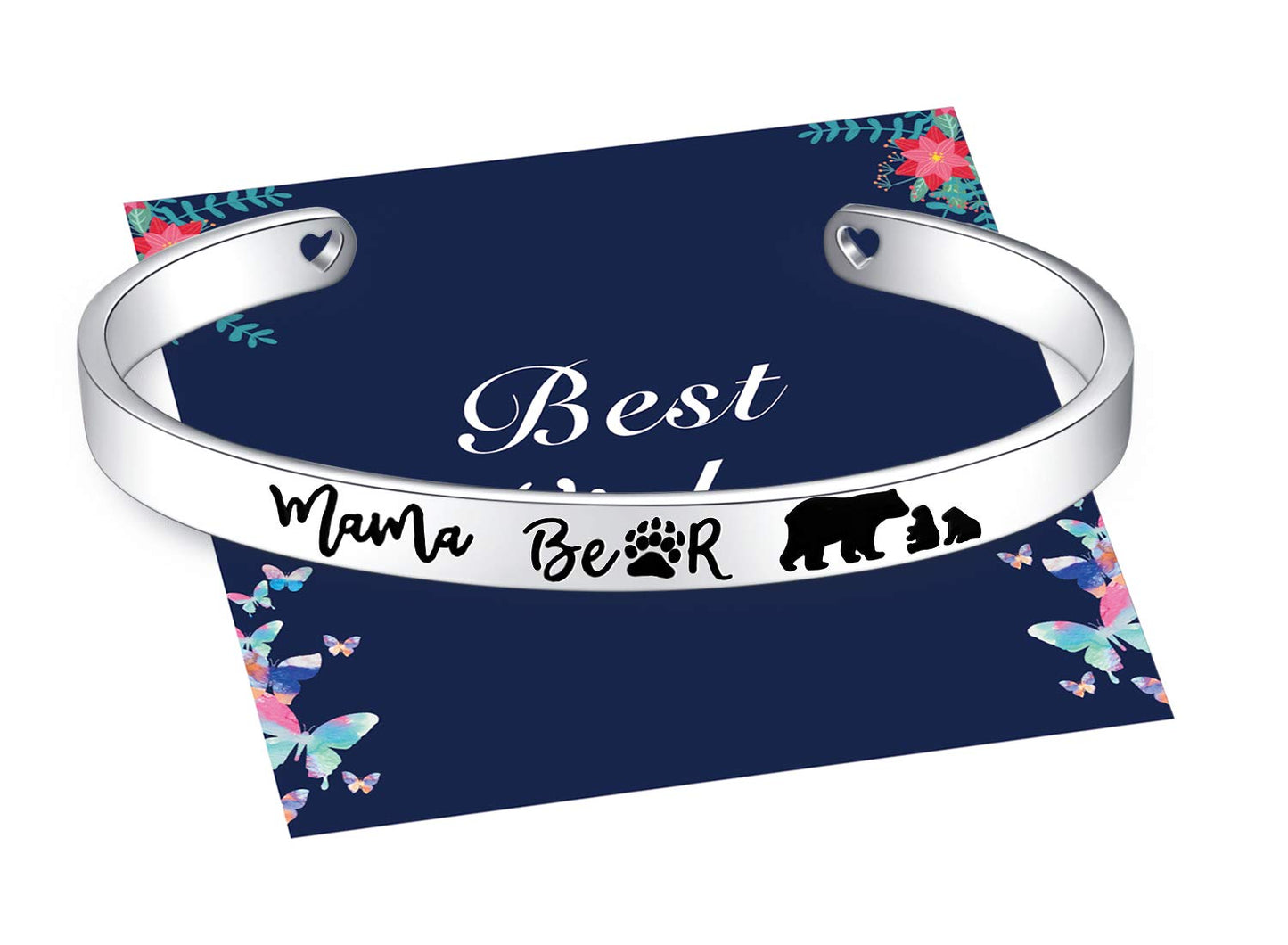 Veeshy Mama Bear Cuff Bracelets, Mother with Two 2 Cubs Bangles, Womens Stainless Steel Jewelry, Christmas Birthday Thanksgiving Gifts for Mummy Mom