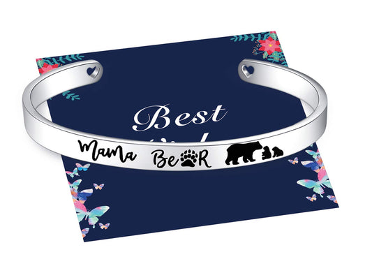 Veeshy Mama Bear Cuff Bracelets, Mother with Two 2 Cubs Bangles, Womens Stainless Steel Jewelry, Christmas Birthday Thanksgiving Gifts for Mummy Mom