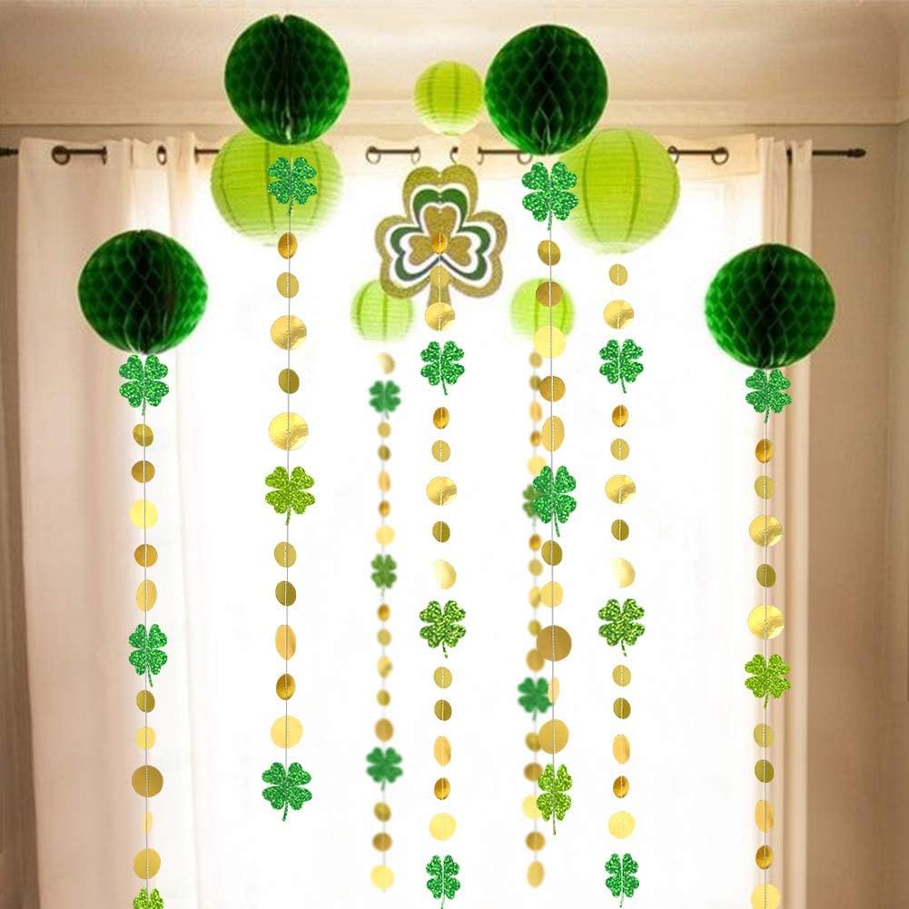 Cheerland Green Shamrock Garland St Patricks Day Decorations - 4 Leaf Clover Glitter St Paddy's Day Garland Hanging Streamers for St. Patrick's Day Irish Party Supplies and Spring Decor - 52Ft