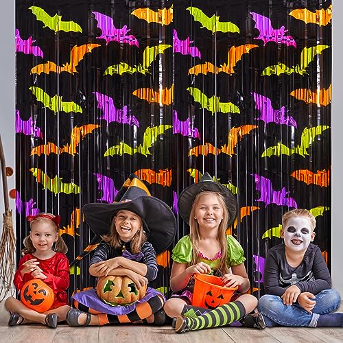 Mega-L Halloween Party Decorations 2 Pack Green Orange Purple Bat Pattern Photo Booth Props, 3.3 X 6.6 ft Metallic Foil Fringe Curtains, Halloween Photo Backdrop Streamers Halloween Party Supplies