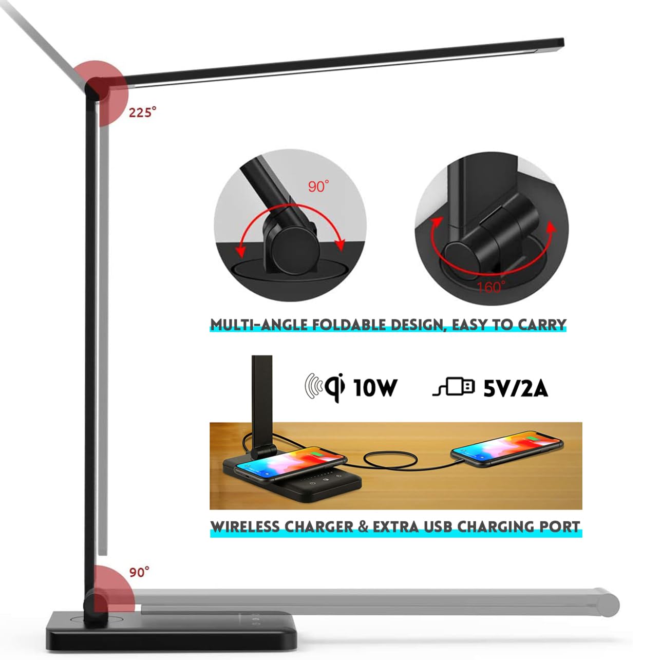 JOSTIC LED Desk Lamp with Wireless Charger, USB Charging Port, 10 Brightness, 5 Color Modes, Desk Lamps for Home Office, Dimmable Table Lamp Eye Caring Reading Light, Touch Control, Auto Timer, Black