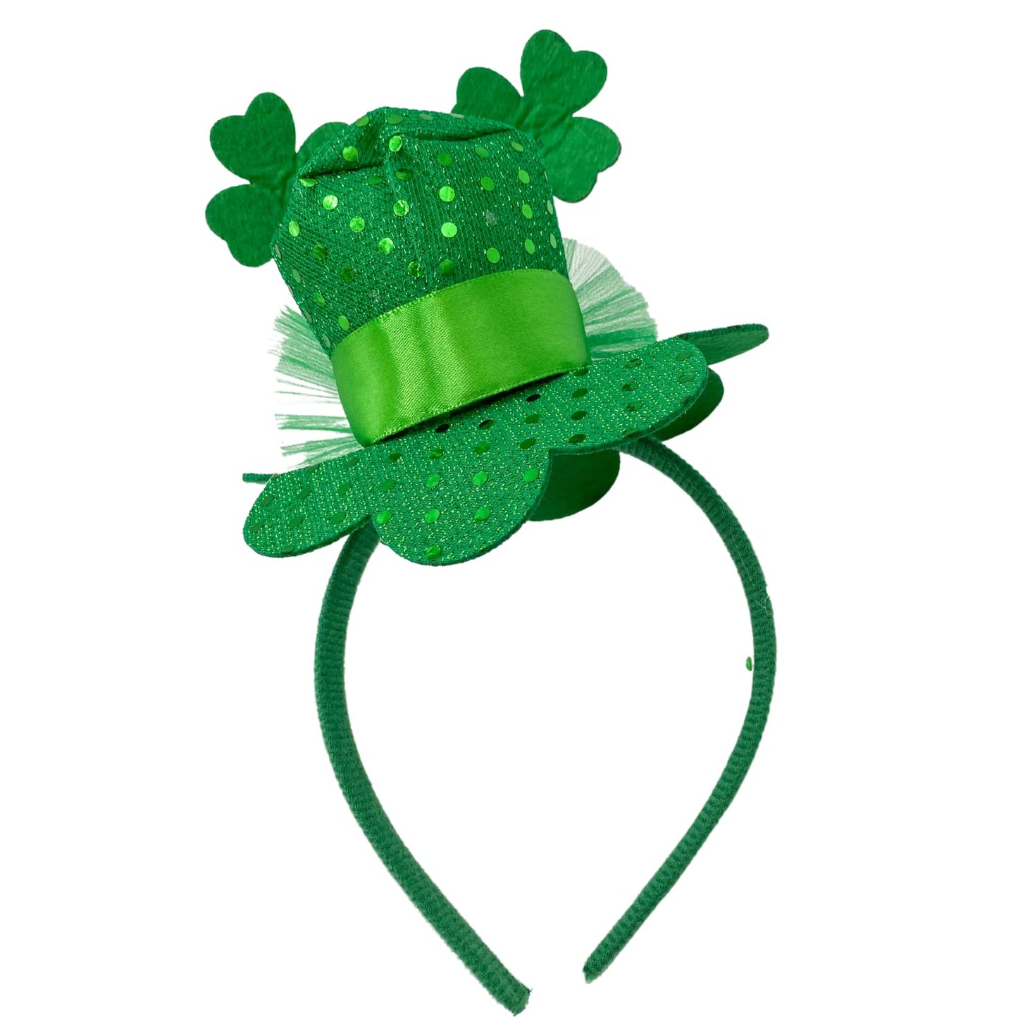 Little Top Hat St. Patrick's Sequin Headband, Green Hair Accessory With Clovers and Tulle for Holidays and Themed Parties, One Size Fits Most (Top Hat with Clovers and Tulle)