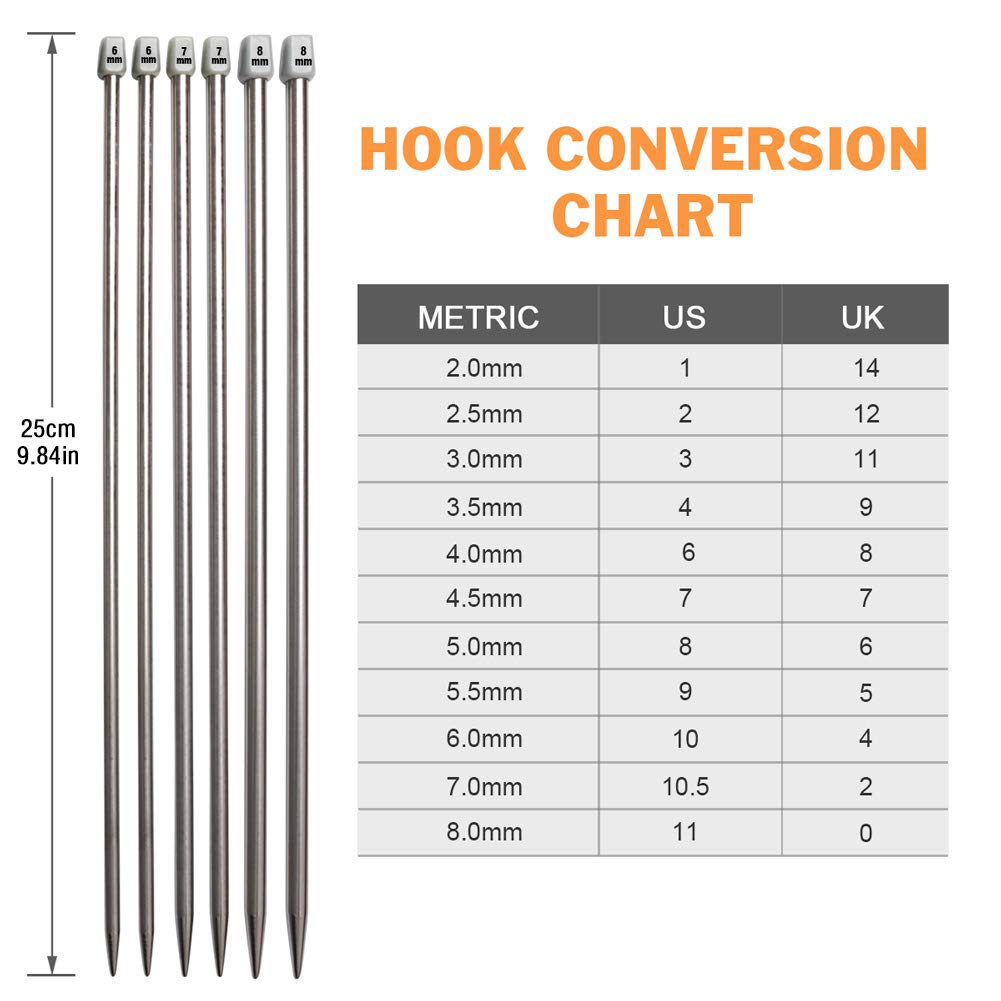 Knitting Needle Set, BCMRUN 22PCS 2mm(B)-8mm(L) Straight Single Pointed Stainless Steel Sweater Needles Set(11Pair-11 Size,9.8 inch) with Locking Stitch Makers Large-Eye Needles Measure Tape (25CM)