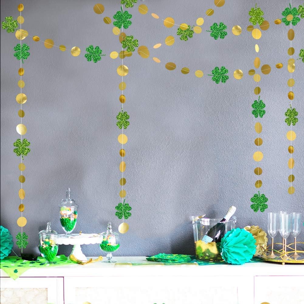 Cheerland Green Shamrock Garland St Patricks Day Decorations - 4 Leaf Clover Glitter St Paddy's Day Garland Hanging Streamers for St. Patrick's Day Irish Party Supplies and Spring Decor - 52Ft