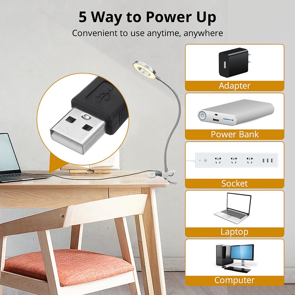 Skymore Clip on Light -3 Color Modes&10 Brightness LED Reading Desk Light with Clamp Flexible Gooseneck Book Light for Kids' Bedtime Reading, Zoom Meetings, Clip on Table, Headboard, Dorm&Office Use