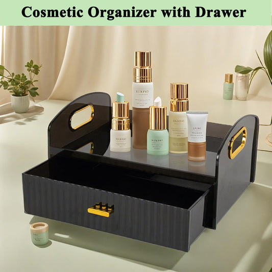 Makeup Organizer Countertop With Drawers Bedroom Vanity Clear Skincare Organizer Cute Cosmetic Display Cases for Perfumes Lipsticks, Black