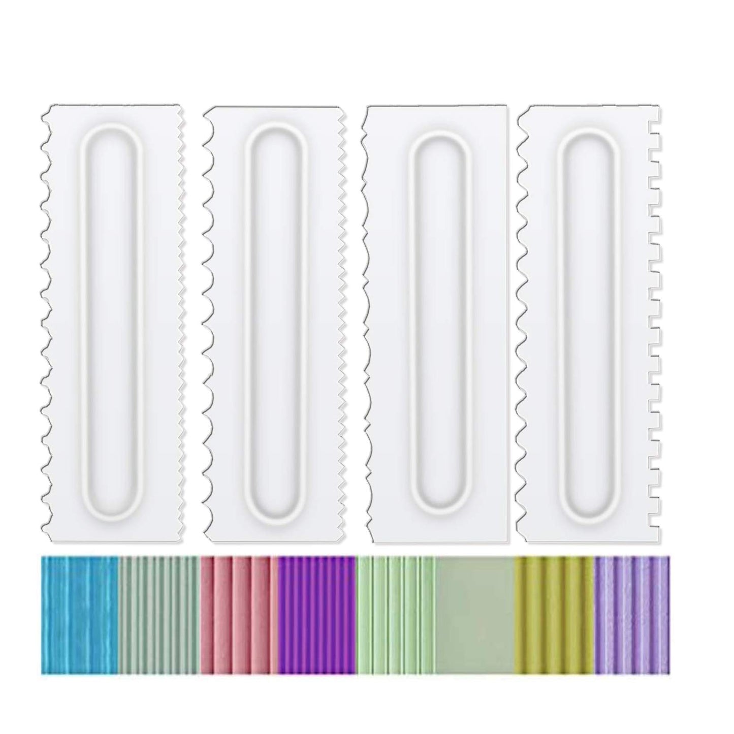 Antallcky Decorating Comb and Icing Smoother Set of 4 Pack Decorating Mousse Butter Cream Cake Edge Tools, Plastic Sawtooth Cake Scraper Polisher 8 Design Textures-White