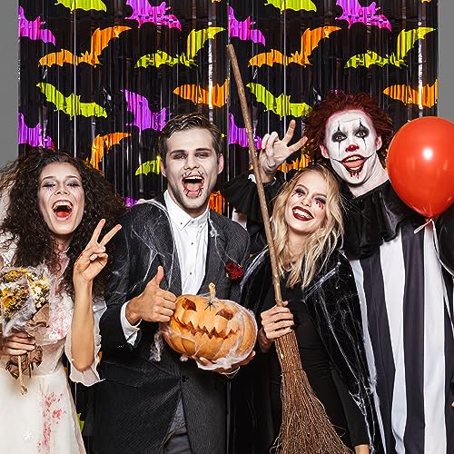 Mega-L Halloween Party Decorations 2 Pack Green Orange Purple Bat Pattern Photo Booth Props, 3.3 X 6.6 ft Metallic Foil Fringe Curtains, Halloween Photo Backdrop Streamers Halloween Party Supplies