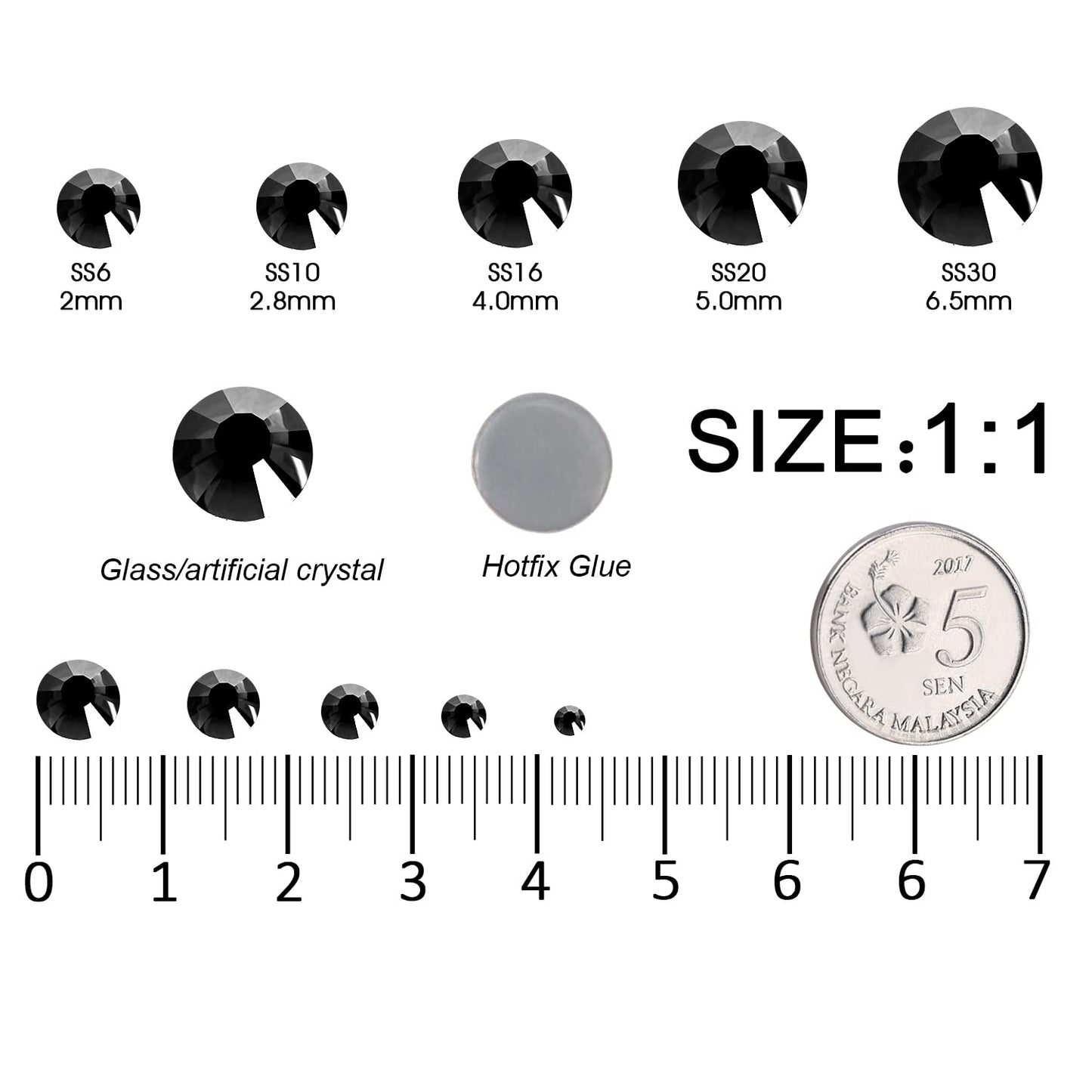 MEIBITE 6796PCS Shiny Black Hotfix Rhinestones Crystal Stones Glass for Fabric Clothes Shirts Sparkly Flat Back Round with Tweezers and Picking Pen (SS6~SS30 Set)