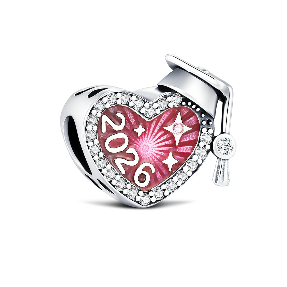 KEQ 2026 Graduation Cap Charms for Pandora Bracelets Necklace 925 Sterling Silver Bead for Daughter Granddaughter Graduation Pedant with 5A Cubic BBF Christmas Gift (Pink)