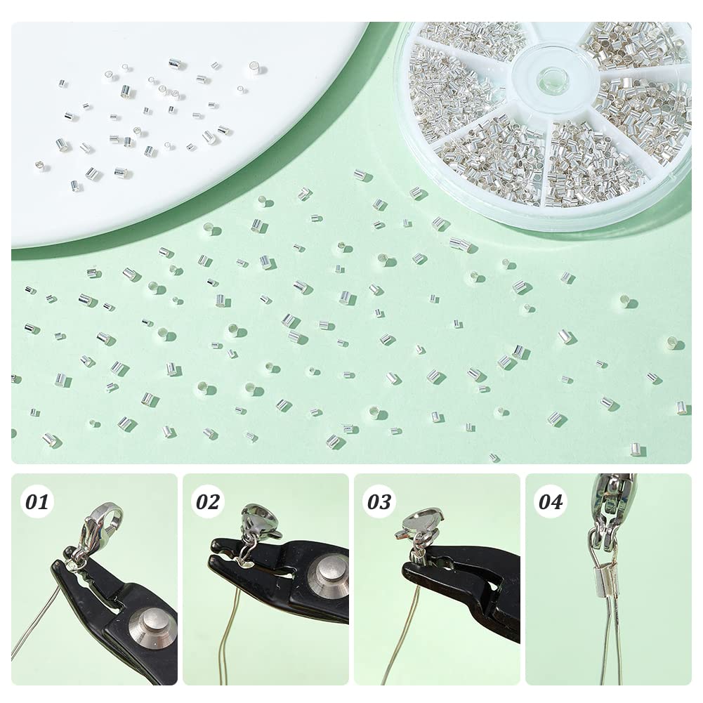 PH PandaHall Crimp Tube Beads, 3000 Pcs 1.5mm 2mm 2.5mm Brass Tube Crimp End Spacer Beads Cord End Caps Loose Stopper Beads for Earring Necklace Pendant DIY Jewelry Gift Making, Silver