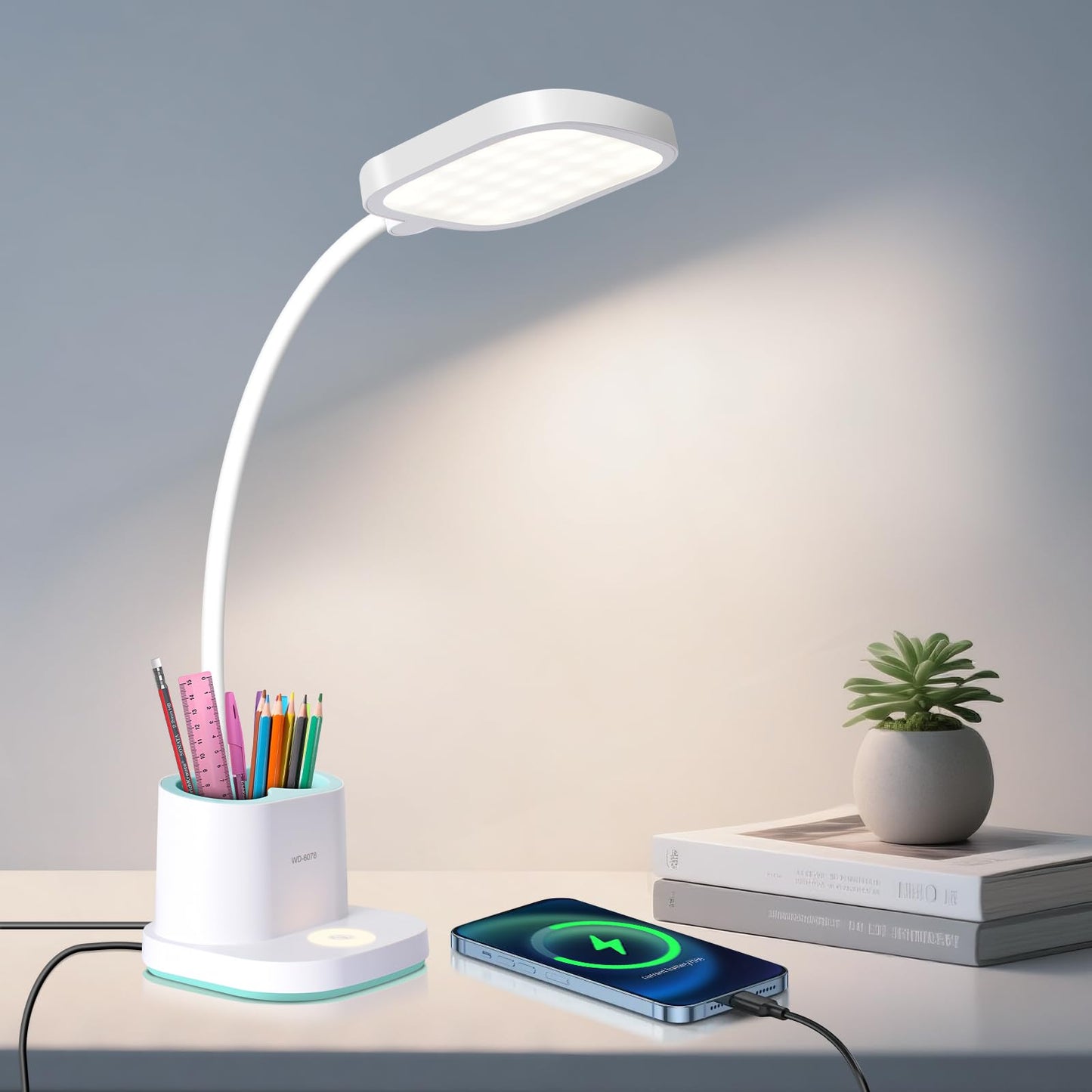 Hacevida LED Small Desk Lamp for Home Office Bedroom, Dimmable Reading Light with USB Charging Port, Eye-Caring, Rechargeable Study Lamp for Kids Student with Pen Holder, Table Lamp 360°Adjustable Arm