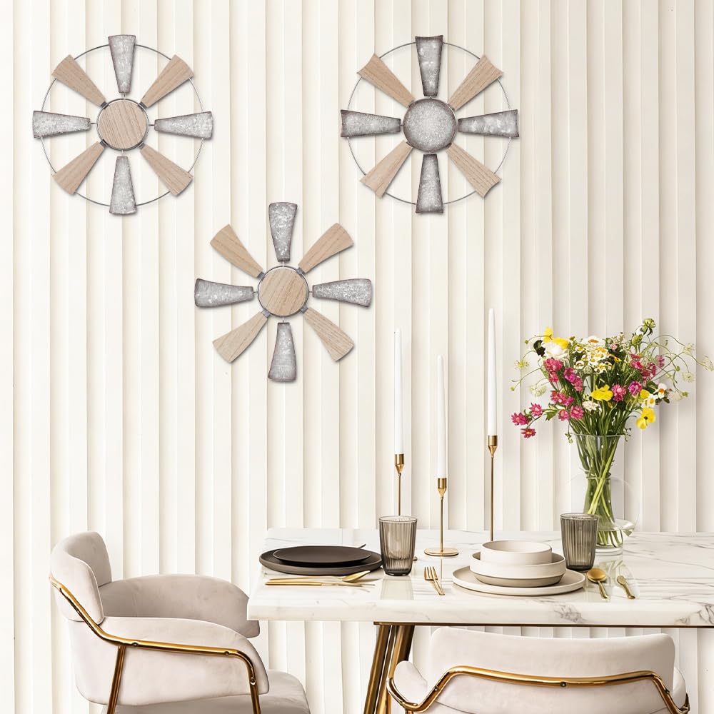 YEAHOME Farmhouse Wall Decor, 3 PCS 11" Wood Metal Windmill Wall Art for Rustic Farmhouse Decor, Western Country Home Decor for Kitchen, Living Room, Bathroom, House