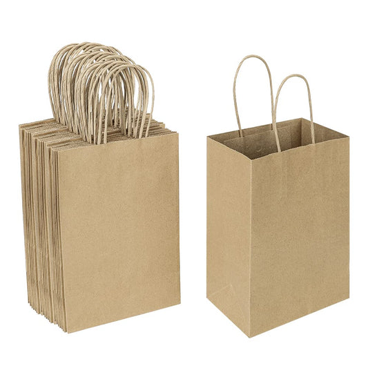 Oikss 50 Pack 5.25x3.25x8.25 Inch Small Gift Bags with Handles Bulk, Kraft Birthday Party Favors Grocery Retail Shopping Business Goody Bags, Craft Plain Natural Paper Bags Cub Sacks (Brown 50 Count)