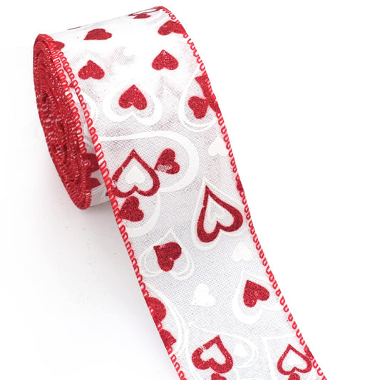 Valentines Fabric Ribbons, White Love Heart Edge Wired Burlap Ribbon for Valentine's Day Hanging Wrapping Party Gift Decoration Indoor Outdoor Tree Crafts Supplies (2.5 Inch * 10 Yards * 1 Roll)