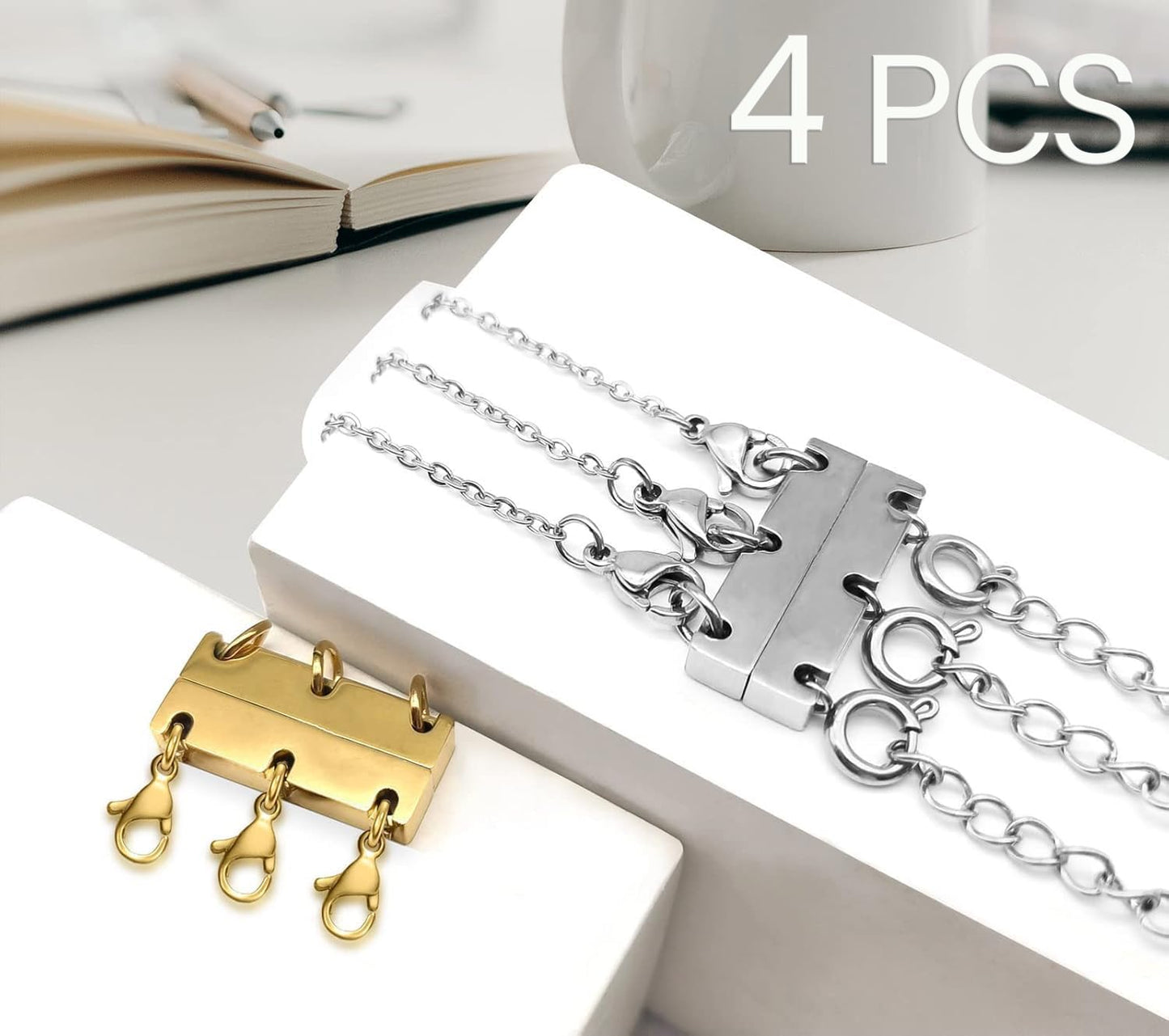 Necklace Layering Clasp Jewelry Separators Gold and Silver Magnetic Multiple Necklace Clasp for Women Layered Look (4pcs Gold + Silver)