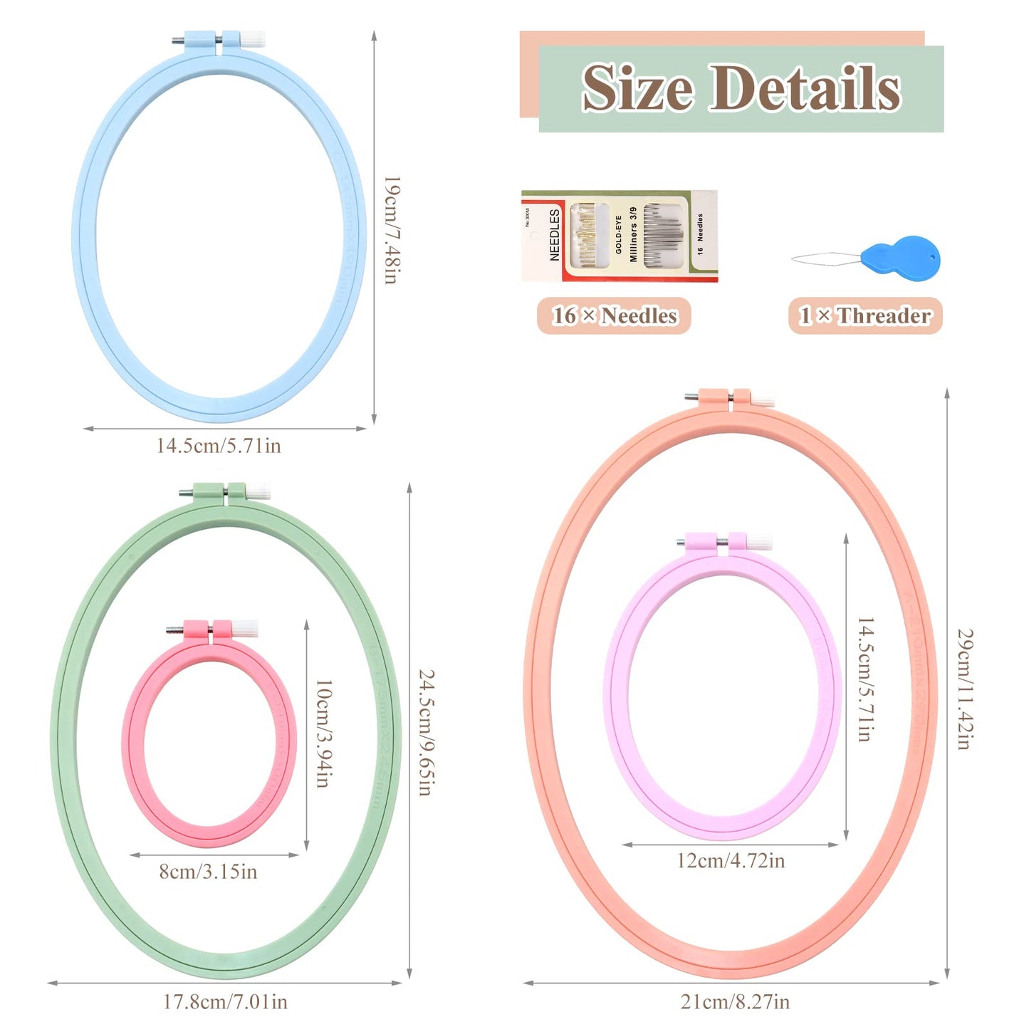 5 Pcs 5 Size Oval Embroidery Hoops, ABS Plastic Embroidery Hoops Cross Stitch Hoops Embroidery Frames for Sewing, Needlework, Embroidery Projects (Size-11.4", 9.6", 7.5", 5.7",3.9")