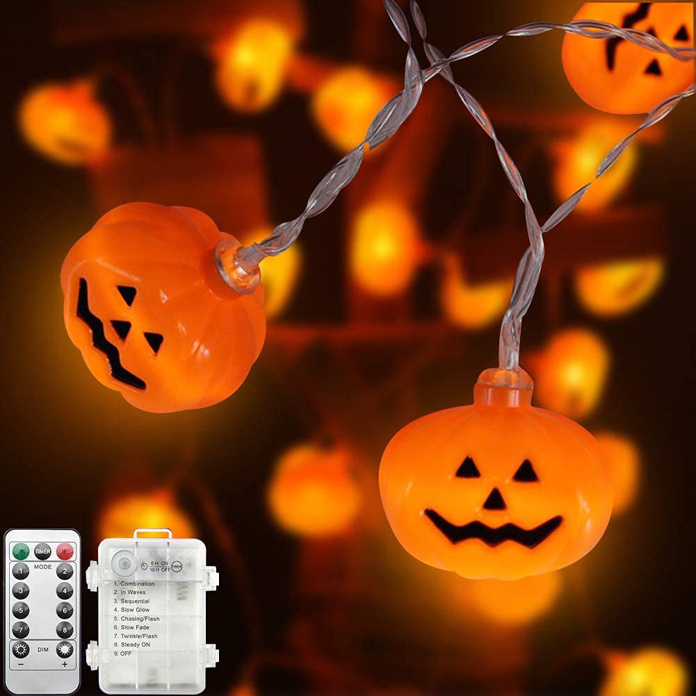 Woochic Halloween String Lights, LED Pumpkin Lights - 3D Waterproof Orange Jack-O-Lantern 20 LED Battery Operated String Lights, 8 Modes Holiday Lights for Indoor Outdoor Decor Party Decorations