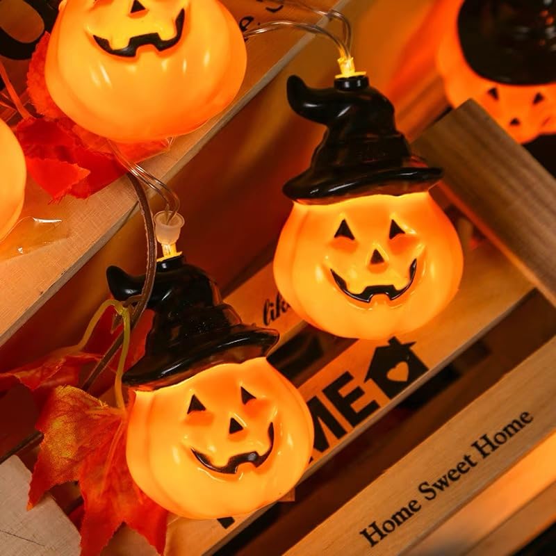 Runleo Halloween Pumpkin String Lights with Witch Hat, 20 LED 16.4FT 8 Modes Timer 3D Waterproof Orange Jack-O-Lantern Battery Operated Flickering Lights for Indoor Outdoor Decor Party Decorations
