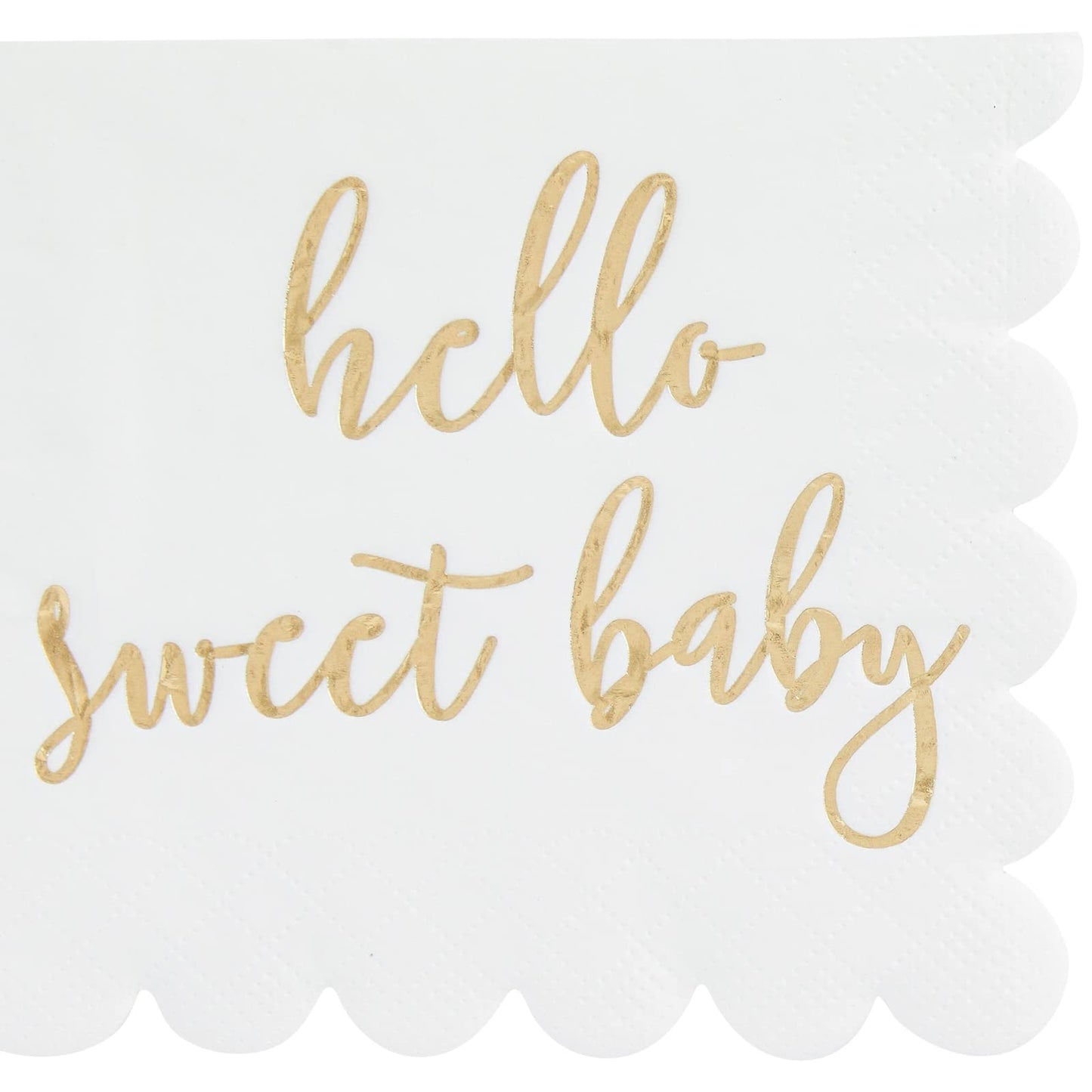 50 Pack 5x5 Inch White Scalloped Napkins with Gold Foil Hello Sweet Baby - Gender Neutral Baby Shower Napkins & Table Decor for Boy Girl Sprinkle Decorations