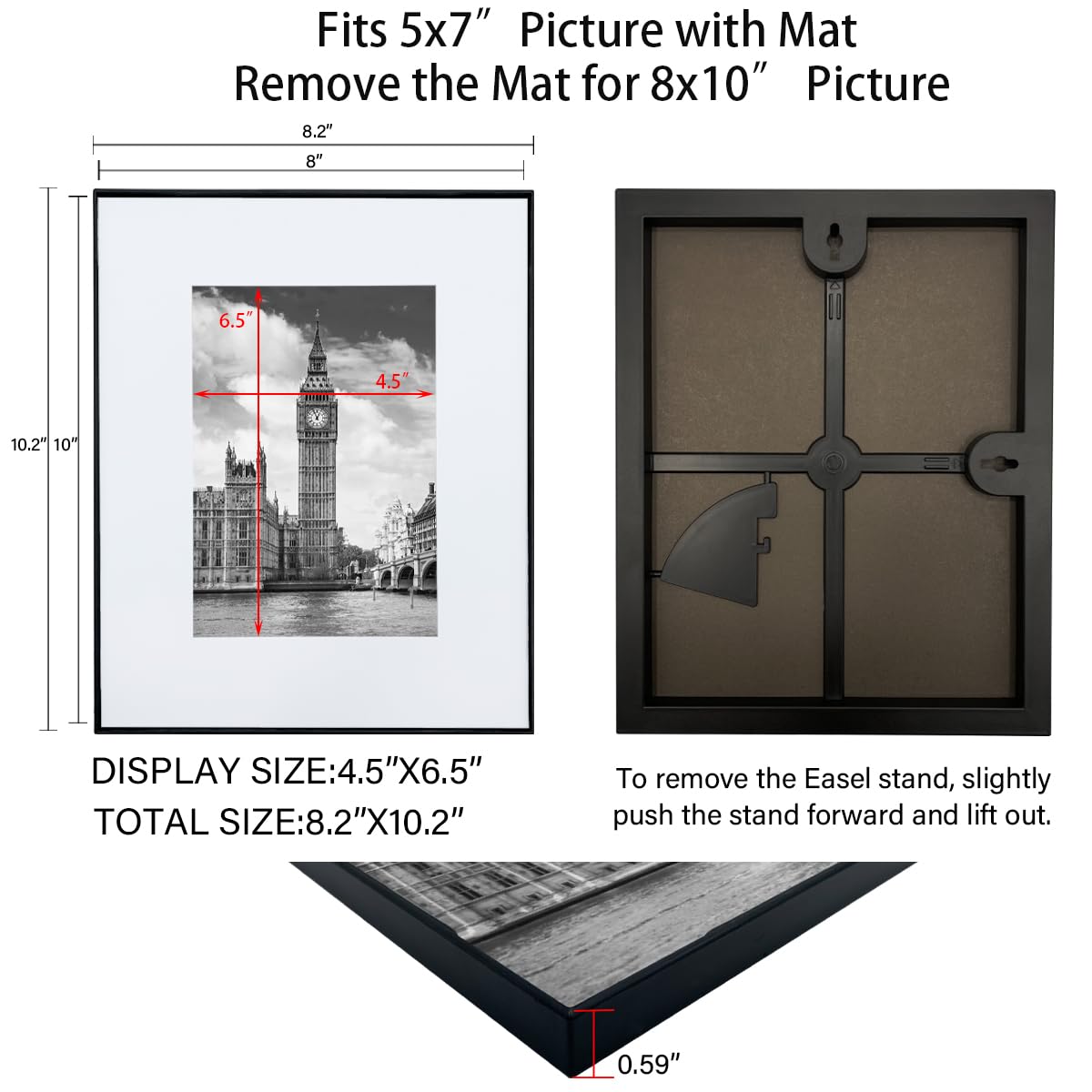 GOmaize Front Loading Black Picture Frame Set of 5,Display pictures 5x7 with mat or 8x10 without mat,Wall and Table Mounting