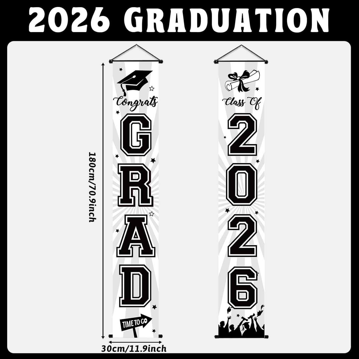 Graduation Banner 2026 Graduation Decorations Black and White Grad Banner Porch Sign Class of 2026 Door Decor Congrats Hanging Backdrop Black White Grad Party Decor for School Congratulations Supplies