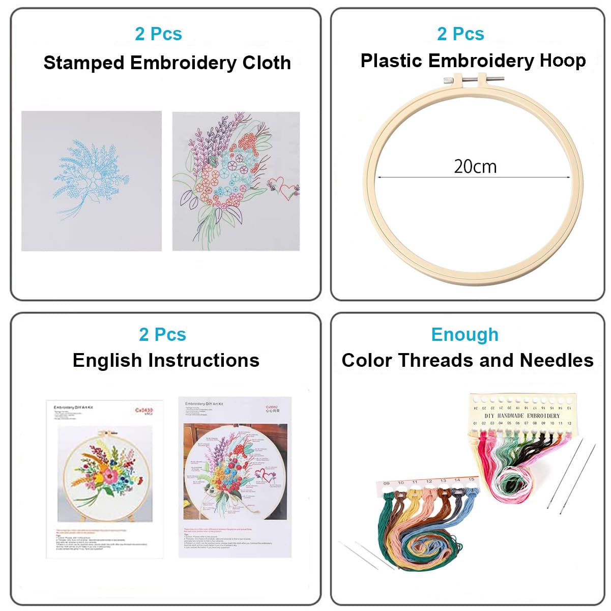 Stamped Embroidery Kit with Pattern Floral DIY Sewing Cross Stitch Kits for Adult Flowers Plants Embroidery Starter Kit with Embroidery Floss,Hoops,Color Thread,Needle,Instruction,Set of 2