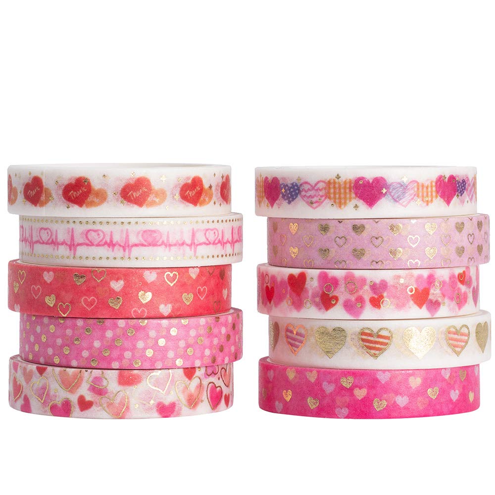 10 Rolls Sparkling Washi Tape Set 8mm Skinny Gold Foil Decorative Masking Washi Tapes for Journal,Scrapbook, Planner, DIY Crafts (Sweety Hearts)