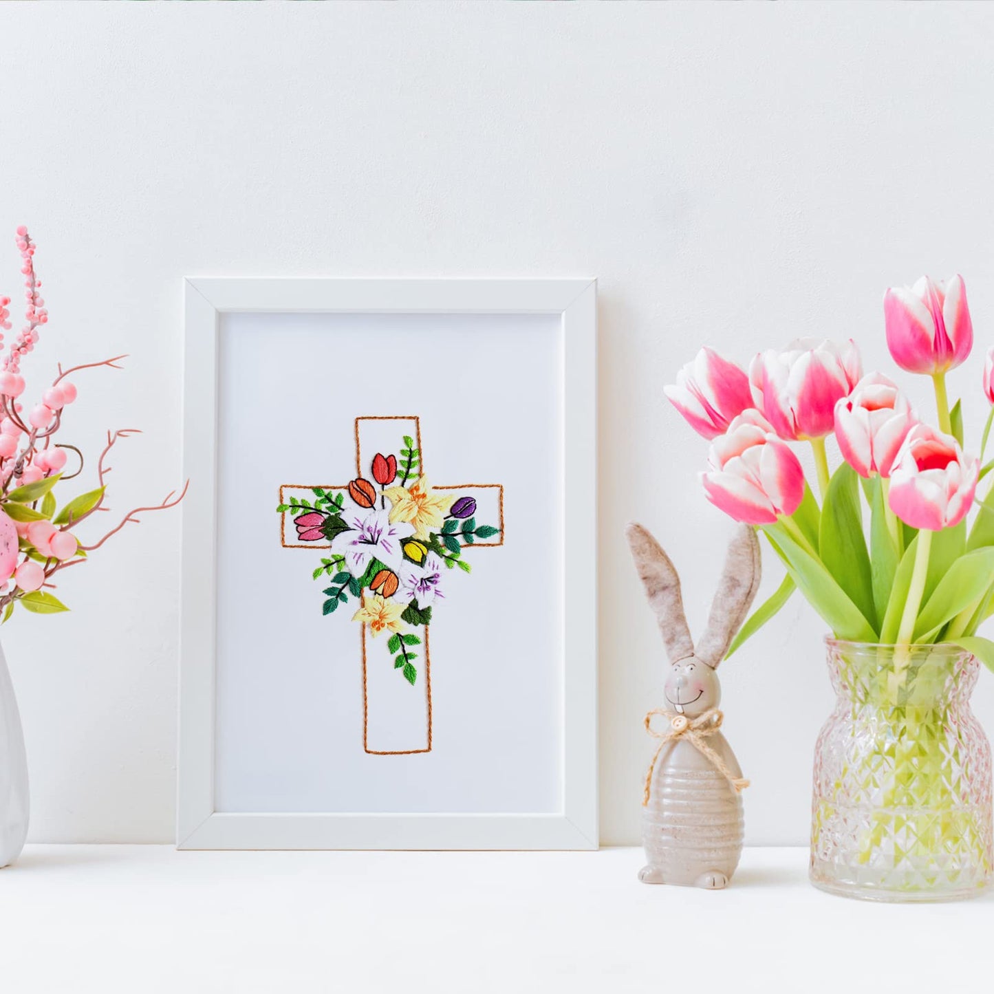 Cross Lily Pattern Embroidery Starter Kit,Cross Stitch Kits for Adults with Embroidery Hoop Needles Threads Instruction -Easter Jesus