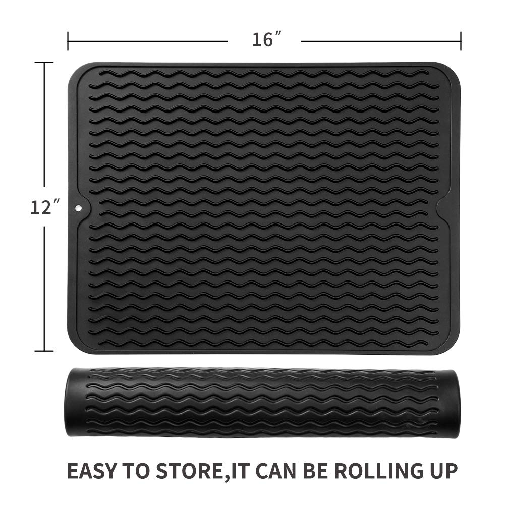 Silicone Dish Drying Mat for Multiple Usage,Easy clean,Eco-friendly,Heat-resistant Silicone Mat for Kitchen Counter or Sink,Refrigerator or drawer liner Black L 16 inches x 12 inches