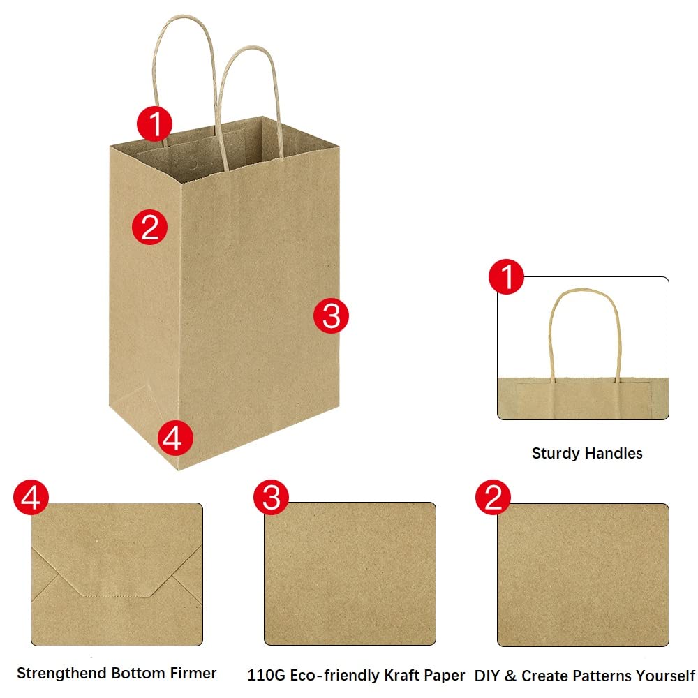 Oikss 50 Pack 5.25x3.25x8.25 Inch Small Gift Bags with Handles Bulk, Kraft Birthday Party Favors Grocery Retail Shopping Business Goody Bags, Craft Plain Natural Paper Bags Cub Sacks (Brown 50 Count)