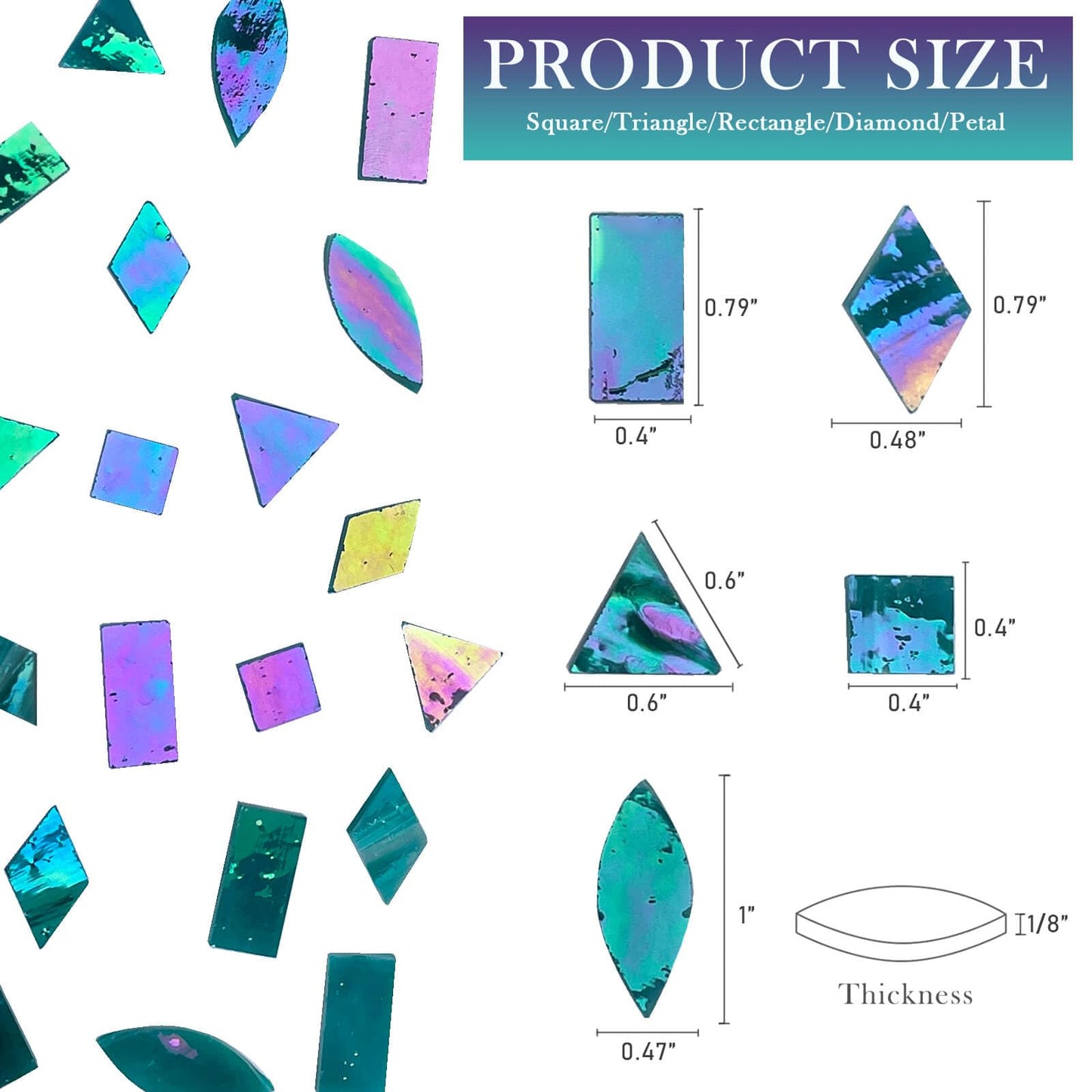 LITMIND Turquoise Iridescent Stained Glass Mosaic Tiles for Crafts - 240 Pieces, 5 Shapes Mixed (Rectangle, Triangle, Rhombus, Square, Leaf) - Ideal for Mosaic Making Projects and Beginners
