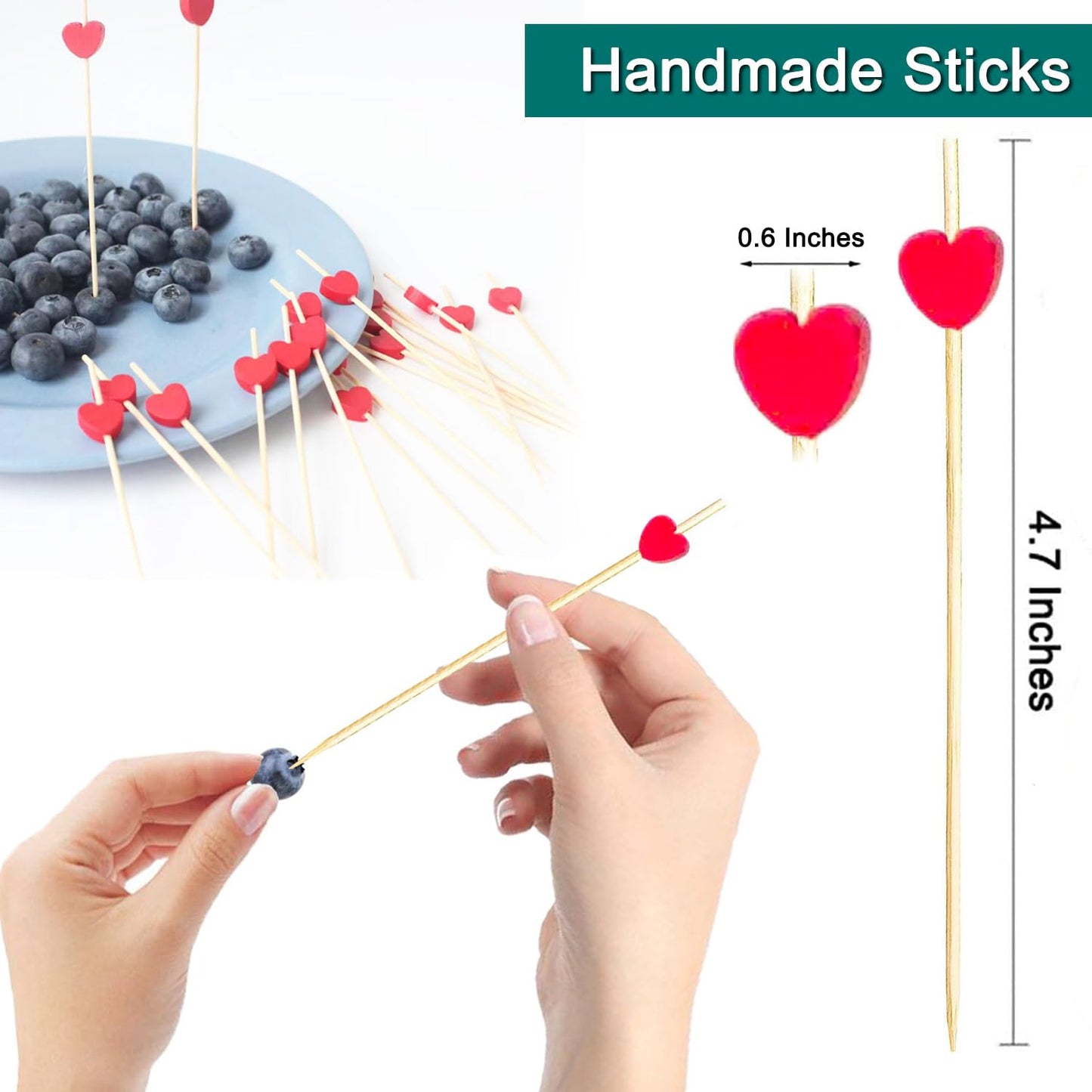 Cocktail Picks, 4.7 Inch Red Heart Toothpicks for Appetizers,100 PCS Bamboo Cocktail Sticks Skewers for Desserts Charcuterie Fruit food for Baby Shower Wedding Valentines Day Decoration Party Supplies