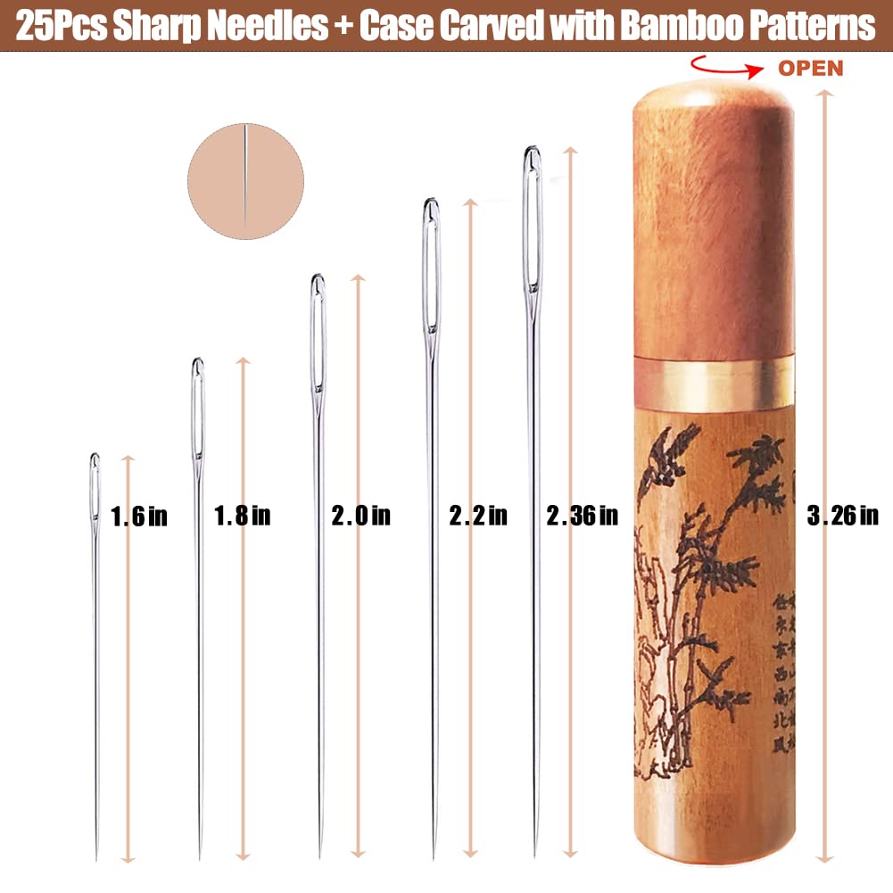 Large Eye Sewing Needles, Embroidery Needles, Stainless Steel, 50 Pieces Sharp Needles with Wooden Needle Case Carving Pattern