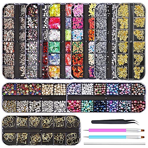 Artdone 9 boxes Nail Rhinestones,Nail Gems Nail Diamonds,Nail Art Studs Nail Crystals Nail Sequins for Nails Kit with 1 Tweezers and 3 Pen for Nail Art Supplies Accessories………