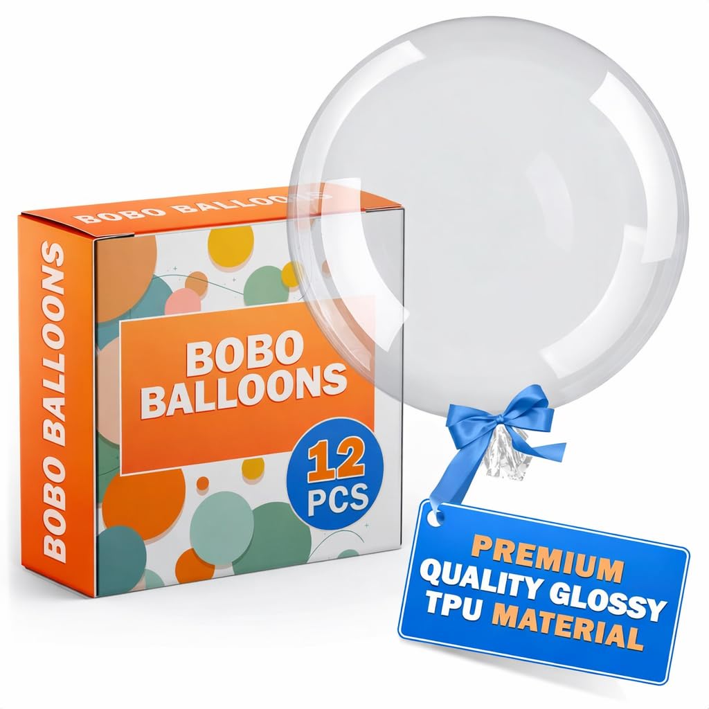 Clear Balloons for Stuffing – 12 Pack Large Clear Balloons, 20 Inch Transparent Helium Tpu Glossy Material – Bubble Balloon Design for Wedding Supplies, Birthday Decorations, Party Games & Photo Zones