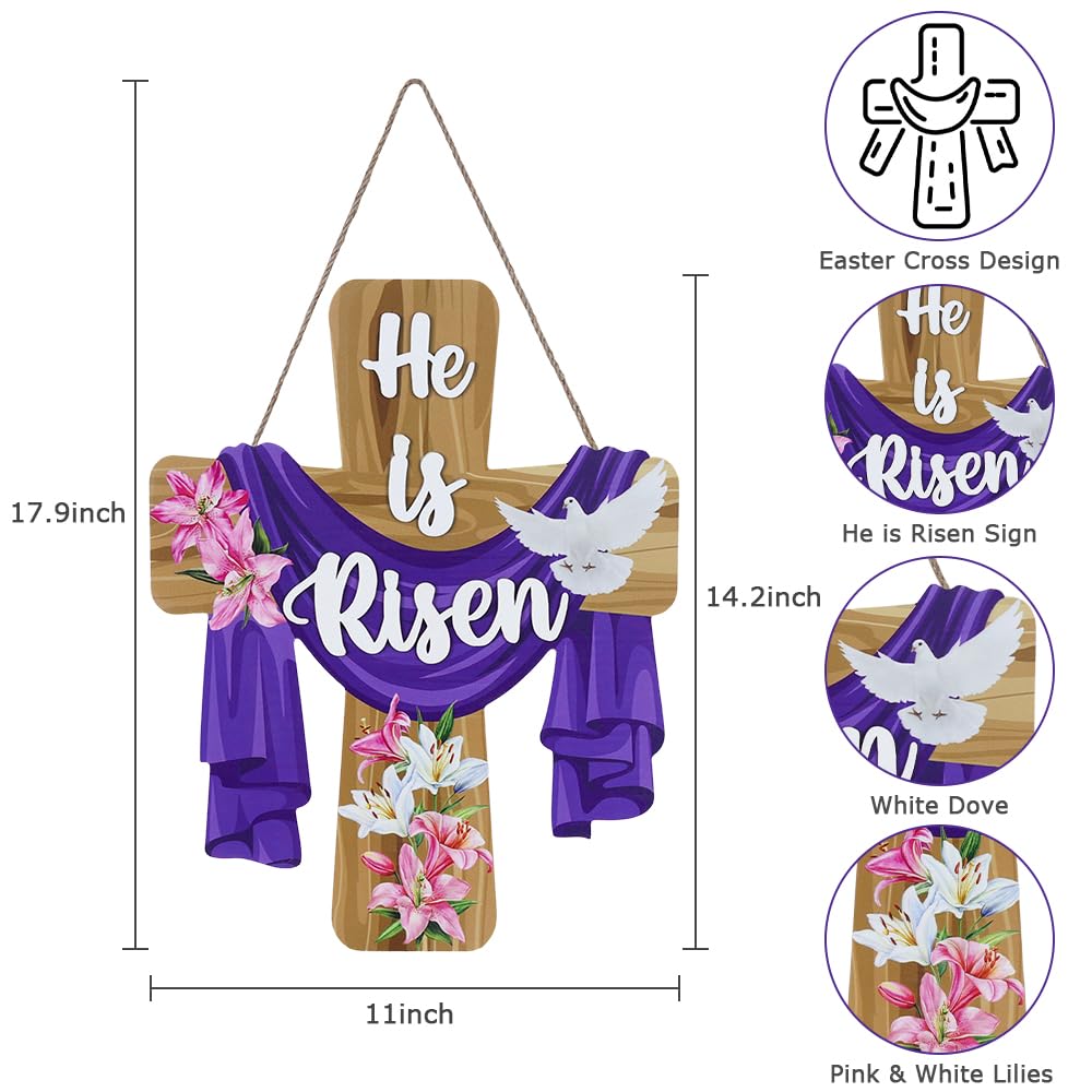 He is Risen Easter Decorations, Wood Cross Wall Signs, Wooden Wreaths for Front Door, Christian Jesus Lily Flowers Dove Hanging Crafts for Spring Home Farmhouse Party Porch Mantel Window Decor